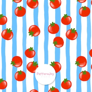 Pode incluir: Um padrão repetitivo de tomates vermelhos brilhantes com caules verdes em um fundo de listras verticais azuis e brancas. O design tem um estilo desenhado à mão, com um círculo branco contendo o texto "PatternJoy studio".