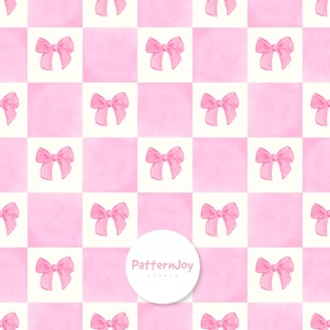 May include: A repeating pattern of light pink and white checkered squares, with a small pink bow centered in each white square. A white circular logo with the text PatternJoy Studio is overlaid on the lower center of the pattern.