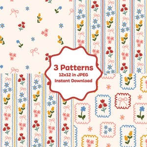 Pode incluir: Três padrões florais disponíveis para download digital. Os desenhos apresentam flores vermelhas, amarelas e azuis, e laços, sobre um fundo creme. O texto "3 Patterns 12x12 in JPEG Instant Download" está em uma moldura vermelha e branca.