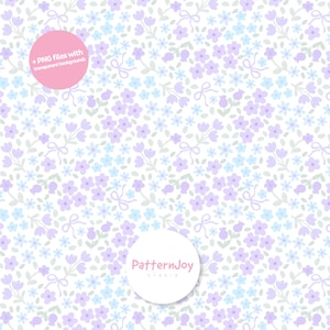 Könnte beinhalten: Ein nahtloses Blumenmuster mit kleinen lila, hellblauen und weißen Blumen, Schleifen und grünen Blättern auf weißem Hintergrund. Der Text lautet '+ PNG-Dateien mit transparentem Hintergrund' und 'PatternJoy studio'.