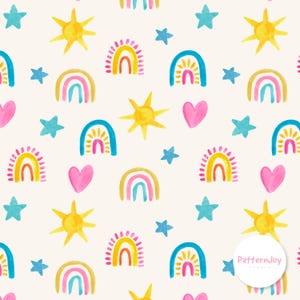 May include: A repeating pattern of watercolor rainbows, suns, stars, and hearts in shades of yellow, pink, blue, and orange on a cream background. The design is whimsical and cheerful, suitable for children's products or nursery decor.