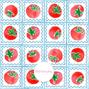 Pode incluir: Um padrão repetido de tomates vermelhos com caules verdes, definidos em quadrados com bordas azuis sobre um fundo branco. O design tem um estilo aquarela. Um círculo branco com o texto "PatternJoy STUDIO" está no centro.