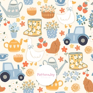 Peut inclure: Un motif fantaisiste avec des éléments de jardin. Comprend des arrosoirs, des bottes, des tracteurs, des canards, des poulets, des fleurs, des fraises et des tasses à thé. Le design utilise une palette de couleurs douces de jaune, bleu, orange et blanc sur fond crème. Le logo PatternJoy Studio est visible.