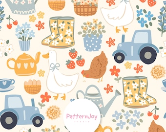 Vida de granja sin costuras, patrón de pollo y ganso de granja, papel digital para tela decorativa infantil, tela caprichosa para manualidades infantiles, estilo cottagecore