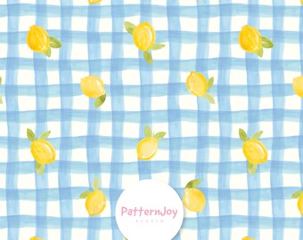 Diseño sin costuras de cuadros vichy de limón en acuarela, papel digital de frutas a cuadros azules, tela y diseño de superficies de cocina estilo cottagecore