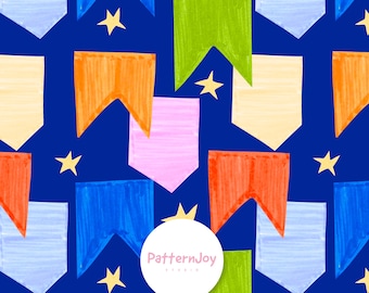 Papel digital con estampado de pancartas coloridas sin costuras, banderas y estrellas para fiestas, fondo para celebraciones infantiles, diseño de superficie brillante pintado a mano.