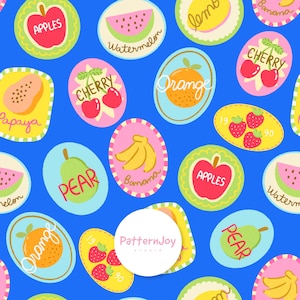 Fruit Sticker Seamless Pattern, Retro Food Label Repeat for Fabric, Packaging Design, Sublimation, Digital File, Trendy Kitchen Pattern