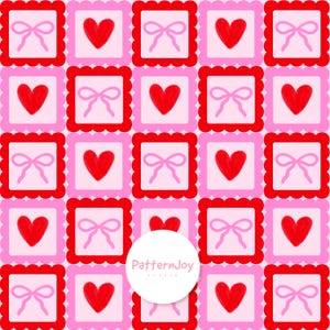 Pode incluir: Um padrão repetitivo de quadrados rosa e vermelhos. Cada quadrado contém um coração vermelho ou um laço rosa. Os quadrados são dispostos em uma grade, criando um design visualmente atraente. O padrão é adequado para várias aplicações.