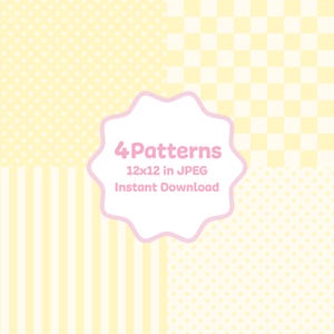 Pode incluir: Quatro padrões digitais em tons de amarelo, incluindo bolinhas, listras e um design xadrez. A imagem inclui o texto "4 Patterns" e "12x12 in JPEG Instant Download" em uma moldura rosa com bordas.