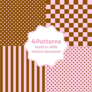 Pode incluir: Quatro padrões digitais em marrom e rosa. Os padrões incluem bolinhas, listras e um design xadrez. A imagem inclui o texto "4 Patterns 12x12 in JPEG Instant Download".