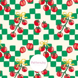 May include: A repeating pattern featuring bright red tomatoes on green stems tied with yellow bows. The tomatoes are set against a cream-colored background with a green checkerboard pattern. The design includes the text "PatternJoy Studio" in a white circle.