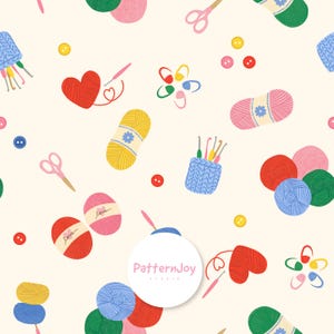 Knitting Seamless Pattern, Crochet Digital Paper, Yarn Balls Print, Sewing Supplies Pattern, Cute Craft Surface Pattern, Scrapbook Paper PNG