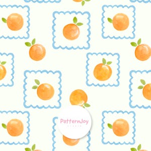 Puede incluir: Patrón de acuarela repetido con naranjas y hojas verdes, enmarcadas en bordes azules festoneados sobre un fondo crema. El diseño crea un patrón sin costuras. También es visible el logotipo del estudio PatternJoy.