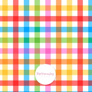 May include: A colorful plaid pattern with intersecting stripes in red, orange, yellow, green, blue, and pink. The design features a white background and a circular logo with the text "PatternJoy Studio".
