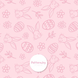 May include: A light pink Easter-themed pattern featuring line drawings of bunnies, Easter eggs, flowers, and sprigs. The design is repeated across the image. A white circle with the text "PatternJoy studio" is in the lower center.