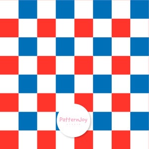 May include: A repeating pattern of red, white, and blue squares. The squares are arranged in a grid, creating a checkerboard design. A white circle with the text "PatternJoy studio" is in the lower right corner.
