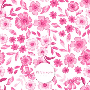 Pode incluir: Padrão floral contínuo com flores e folhas rosa sobre fundo branco. O design apresenta flores e folhas de vários tamanhos e tons de rosa, criando um tema floral e botânico. O logotipo do estúdio PatternJoy está no canto inferior direito.