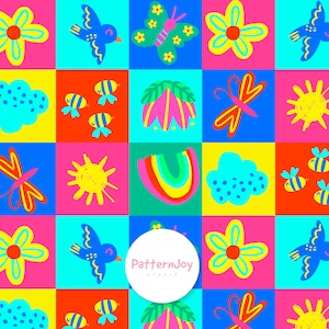 Pode incluir: Um padrão colorido e repetitivo com ilustrações fantasiosas de flores, pássaros, borboletas, abelhas, nuvens, arco-íris e sóis. O design é definido em uma grade de quadrados vibrantes em rosa, azul, amarelo e vermelho. O logotipo do estúdio PatternJoy está no centro.