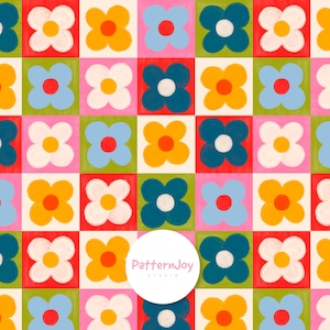 Pode incluir: Um padrão floral colorido com blocos quadrados com flores em várias cores, incluindo vermelho, azul, amarelo e branco. As flores têm centros contrastantes e estão sobre fundos rosa, verde e vermelho. O logotipo PatternJoy Studio é visível.