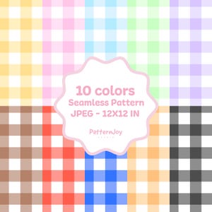 Pode incluir: Uma imagem digital mostrando dez padrões xadrezes sem costura em várias cores, incluindo amarelo, rosa, azul, verde e roxo. A imagem inclui o texto "10 cores Padrão sem costura JPEG - 12X12 IN" e o logotipo do estúdio PatternJoy.