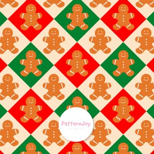 Pode incluir: Um padrão repetitivo de bonecos de gengibre sobre um fundo de losangos nas cores vermelho, verde e creme. Cada figura tem detalhes de glacê branco. Um logótipo circular branco com o texto PatternJoy Studio está centrado.