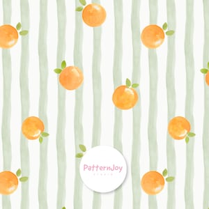 Pode incluir: Padrão em aquarela com laranjas e folhas verdes em um fundo de listras verticais verde claro sobre fundo branco. O design inclui o texto "PatternJoy studio" em um logotipo circular.