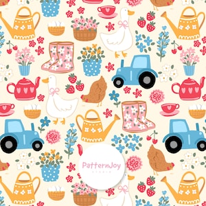 May include: A whimsical pattern featuring farm-themed illustrations. The design includes tractors, watering cans, boots, teacups, flowers, strawberries, ducks, chickens, and baskets, all in a cheerful color palette of blue, pink, yellow, and red.