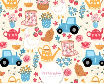 Vida de granja sin costuras, patrón de pollo y ganso de granja, papel digital para tela decorativa infantil, tela caprichosa para manualidades infantiles, estilo cottagecore
