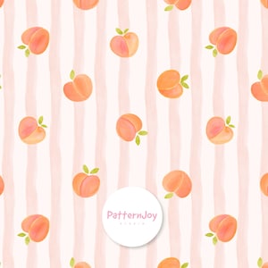 May include: A repeating pattern featuring watercolor-style orange peaches with small green leaves arranged over vertical light pink stripes. A white circular logo with the text PatternJoy Studio is centered over the lower portion of the design.