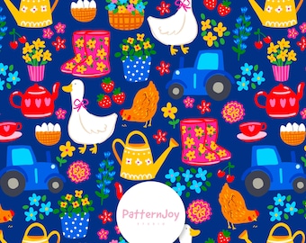 Patrón sin costuras de animales de granja, lindo diseño de jardín con tractor de gallinas y gansos, papel digital floral estilo cottagecore, descarga de estampado de tela infantil