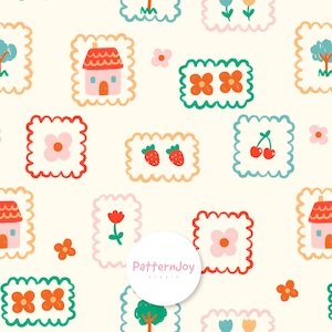 Pode incluir: Padrão repetido de ilustrações caprichosas sobre um fundo creme. O design inclui casas, flores, árvores, morangos e cerejas, cada um dentro de uma moldura ondulada. A paleta de cores apresenta vermelho, laranja, verde, rosa e azul.