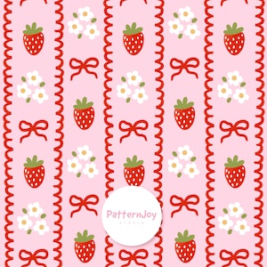 Könnte beinhalten: Ein sich wiederholendes Muster auf rosa Hintergrund mit roten Erdbeeren, weißen Blumen und roten Schleifen. Vertikale rote Wellenlinien umrahmen das Design. Ein weißer Kreis mit dem Text "PatternJoy studio" befindet sich in der Mitte.