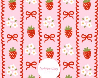 Patrón sin costuras Coquette Strawberry Daisy, archivo sin costuras Summer Strawberry, Strawberry Stripe, Strawberry and Bows, papel digital