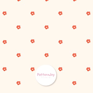 Pode incluir: Um padrão repetitivo de pequenas flores cor de coral com cinco pétalas sobre um fundo de cor creme sólido. Um logótipo circular branco com o texto rosa PatternJoy Studio está posicionado na parte inferior central da imagem.