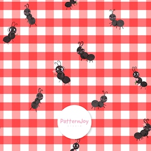 May include: A repeating pattern of cartoon ants on a red and white checkered background. The ants are black with smiling faces and some hold small flowers. The PatternJoy Studio logo is in a white circle.