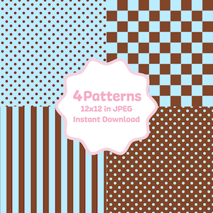Op de afbeelding: Vier digitale patronen in een vierkant formaat. De patronen omvatten stippen, strepen en een dambordontwerp in bruine en lichtblauwe tinten. De afbeelding bevat ook de tekst "4 Patterns 12x12 in JPEG Instant Download."