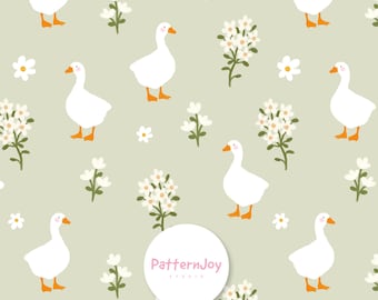 Lindo estampado de gansos sin costuras, papel digital con patos florales estilo cottagecore, estampado de animales de granja, estampado de tela para guardería