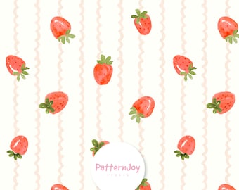 Patrón sin costuras de rayas de fresas en acuarela, papel digital de bayas con cinta ondulada color melocotón, diseño de superficie de frutas con textura suave estilo cottagecore.
