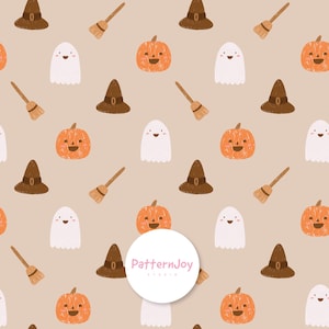 Halloween Witch Hat Ghost Pumpkin Seamless Pattern | Cute Broom Digital Paper | Kawaii Fall Surface Design | Autumn Fabric Print