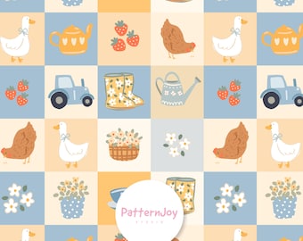 Patrón de patchwork sin costuras de estilo cottagecore con patos, pollos, fresas, botas, tetera y tractor | Papel digital para cocina campestre