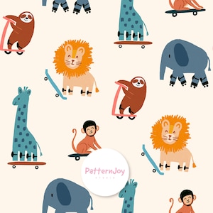 May include: A repeating pattern featuring cartoon animals on skateboards and scooters. The animals include lions, giraffes, elephants, sloths, and monkeys. The background is a light beige color, and the animals are in various colors, including blue, orange, and brown.