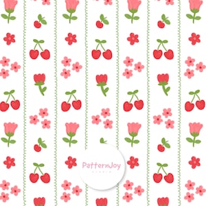 Cherry Floral Stripe Seamless Pattern | Cute Cottagecore Cherry Stripe Print | Hand Drawn Retro Cherry Digital Paper