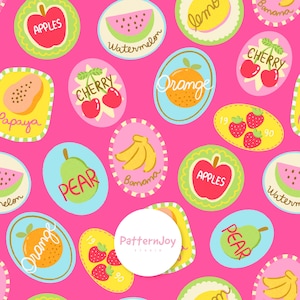 Fruit Sticker Seamless Pattern, Retro Food Label Repeat for Fabric, Packaging Design, Sublimation, Digital File, Trendy Kitchen Pattern