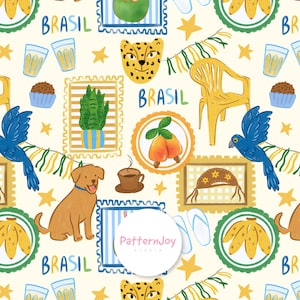 Pode incluir: Um padrão repetitivo sobre fundo creme com ilustrações de araras azuis, cadeiras de plástico amarelas, cães castanhos, bananas, cajus, chávenas de café e a palavra BRASIL. O design inclui molduras de selos, estrelas e grinaldas.