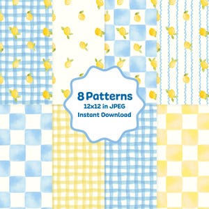 Pode incluir: Oito padrões de aquarela em uma variedade de designs, incluindo xadrez, xadrez e listras. Cada padrão apresenta limões amarelos em um fundo branco ou azul. A imagem inclui o texto "8 Patterns 12x12 in JPEG Instant Download."