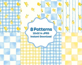 Paquete de patrones sin costuras de cuadros vichy de limón en acuarela: 8 papeles digitales, estampados de cuadros frutales azules y amarillos, conjunto de decoración de cocina estilo cottagecore.