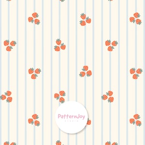 May include: A repeating pattern featuring red strawberries with green tops, set against a cream backdrop with light blue vertical stripes. The design is simple and playful, suitable for various applications.