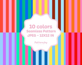 Pacchetto di motivi a righe colorate senza soluzione di continuità | 10 carte digitali a righe arcobaleno brillanti 12x12 JPG per tessuti, scrapbooking, sfondi