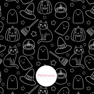 Cute Halloween Seamless Pattern | Black Cat Ghost Pumpkin Digital Paper | Kawaii Witch Hat Surface Pattern for Fabric & Wallpaper