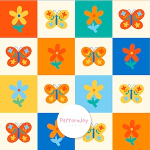 Pode incluir: Um padrão colorido com quadrados alternados com flores e borboletas. As flores são laranja, amarelas e azuis, enquanto as borboletas são laranja e amarelas com detalhes azuis. Os quadrados de fundo são de várias cores.